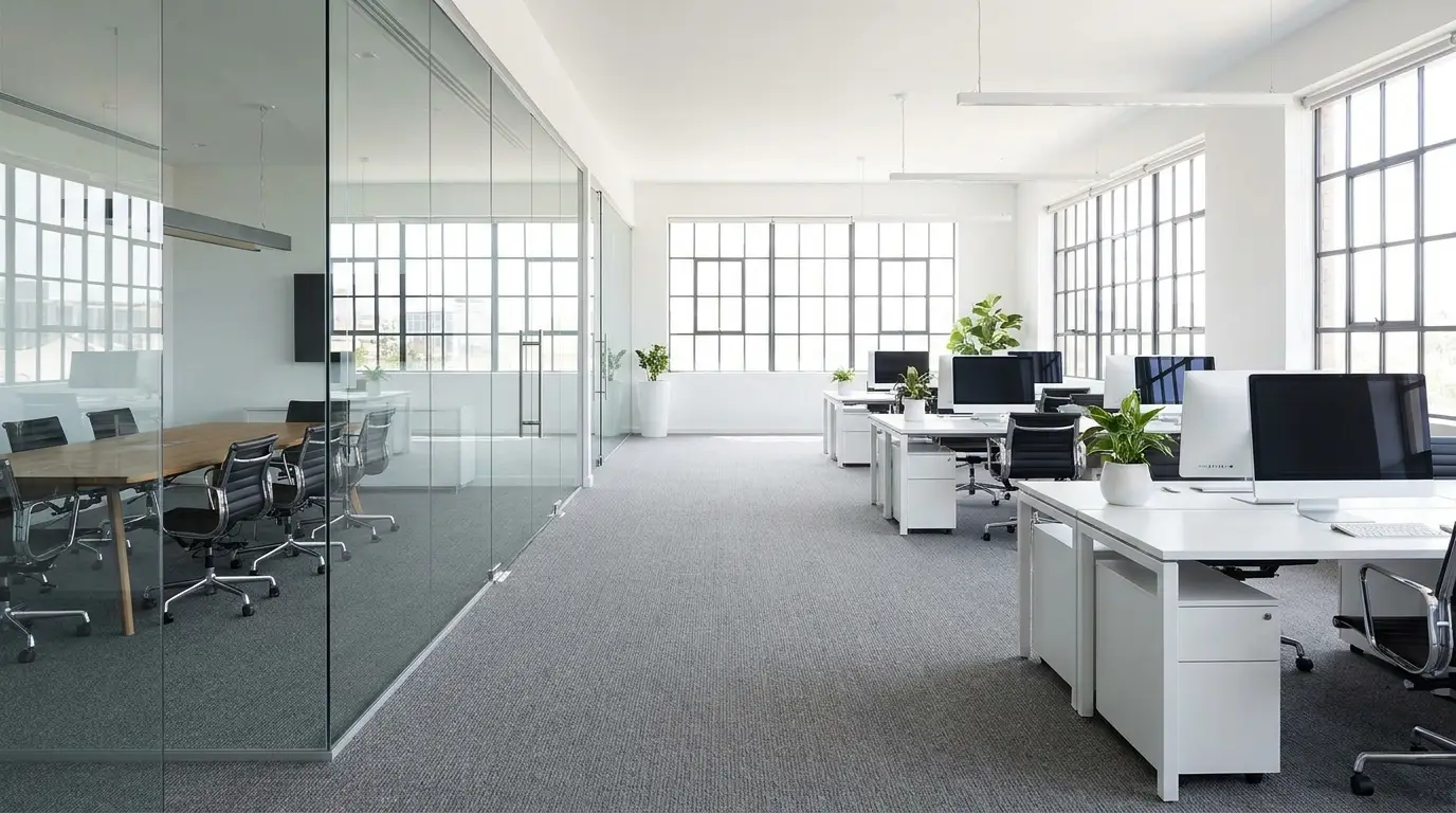 Clean modern open-plan office with freshly cleaned commercial carpet