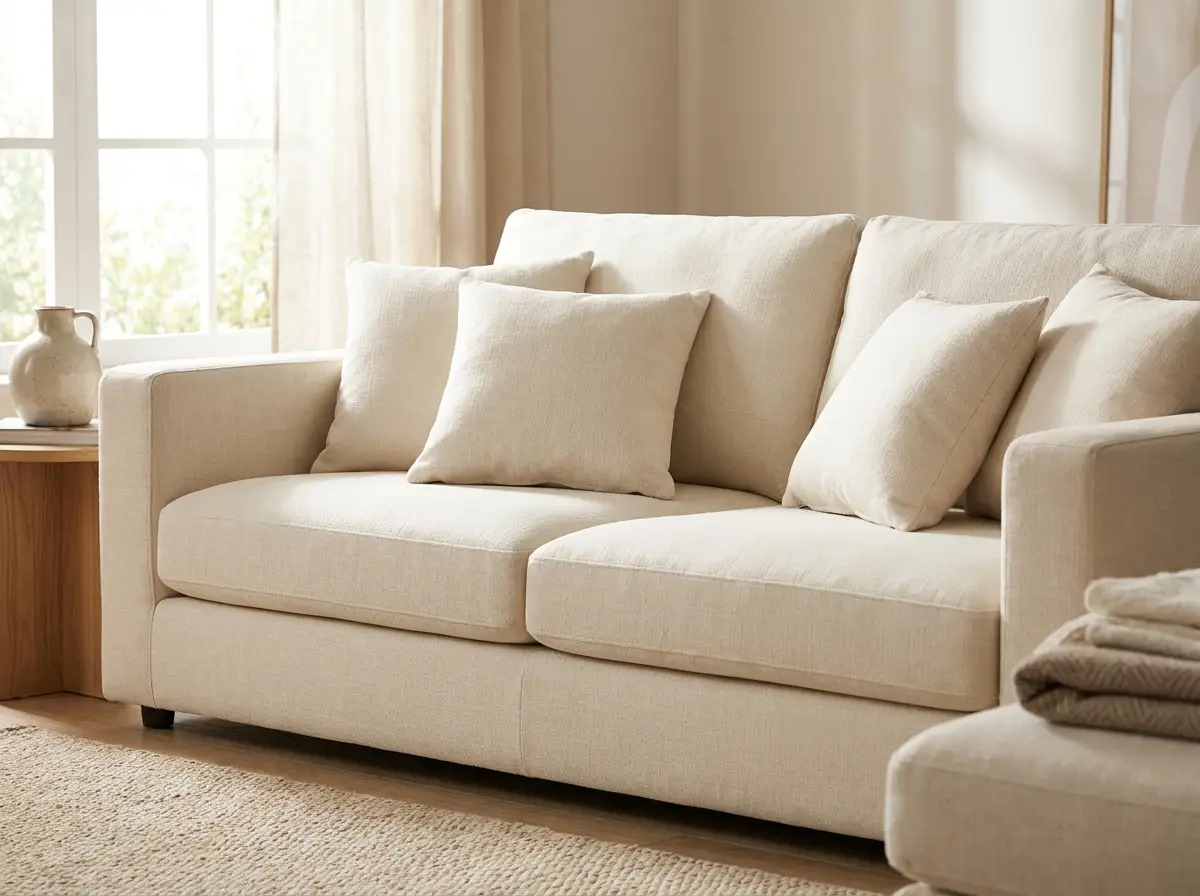 Clean, freshly cleaned upholstered sofa in a bright living room