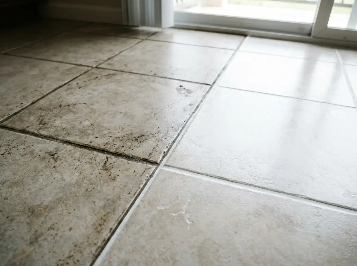 Tile floor with grout being restored from dirty to bright white